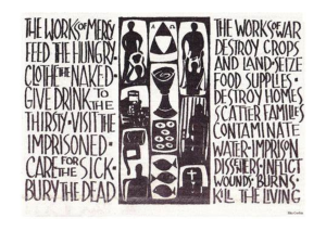 Annons eller pamflett i svartvitt, med symboler i mitten och en text om The Works of Mercy