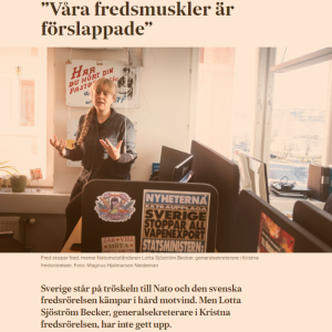 Lotta Sjöström Becker pratar med Svenska Dagbladet om Sveriges Natoansökan och om långsiktig och hållbar freds- och säkerhetspolitik.