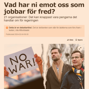 Montage med bild på biståndsminister Johan Forsell och statsminister Ulf Kristersson. Rubriksättning: Vad har ni emot oss som jobbar för fred?